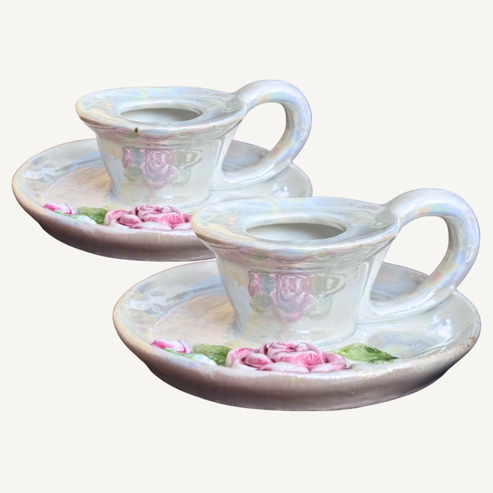 Antique Signed Iridescent German Porcelain Floral Chamberstick Candle Holders